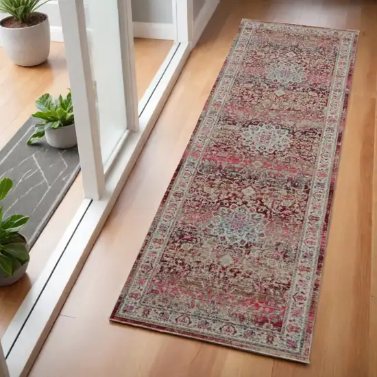 6' Ivory And Red Floral Distressed Runner Rug Photo 1
