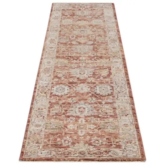 10' Ivory And Red Floral Medallion Distressed Runner Rug Photo 4