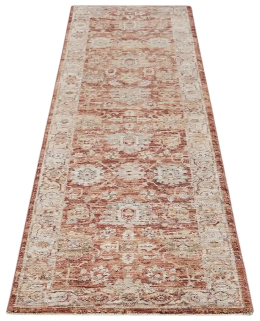 10' Ivory And Red Floral Medallion Distressed Runner Rug Photo 4
