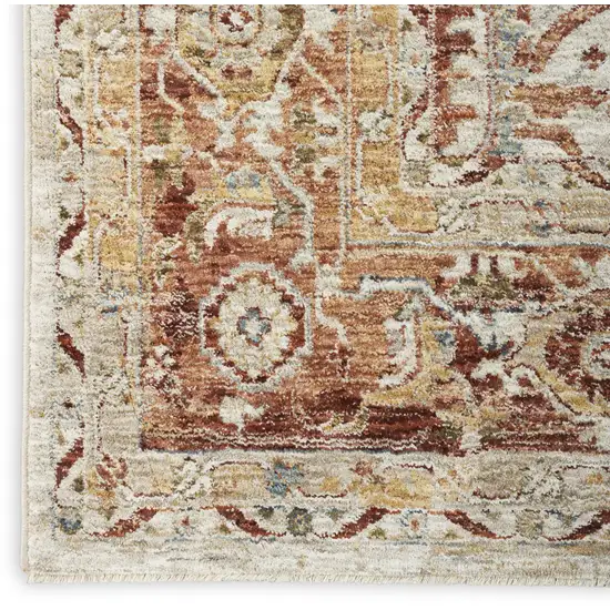 10' Ivory And Red Floral Medallion Distressed Runner Rug Photo 6