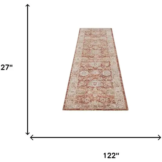 10' Ivory And Red Floral Medallion Distressed Runner Rug Photo 3