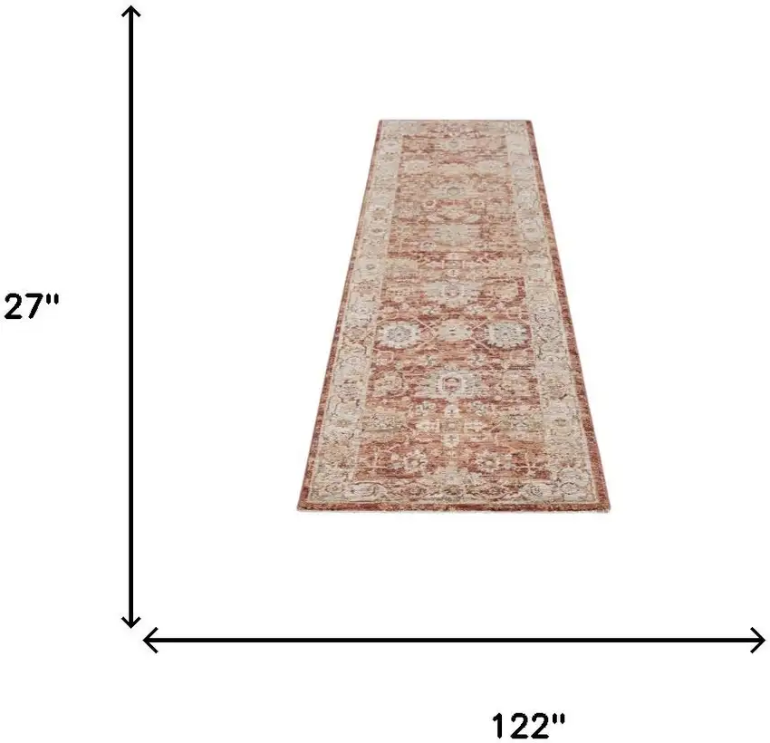 10' Ivory And Red Floral Medallion Distressed Runner Rug Photo 3