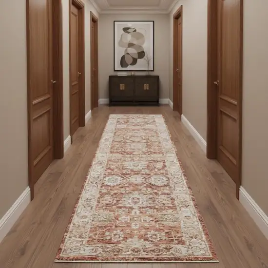 10' Ivory And Red Floral Medallion Distressed Runner Rug Photo 1