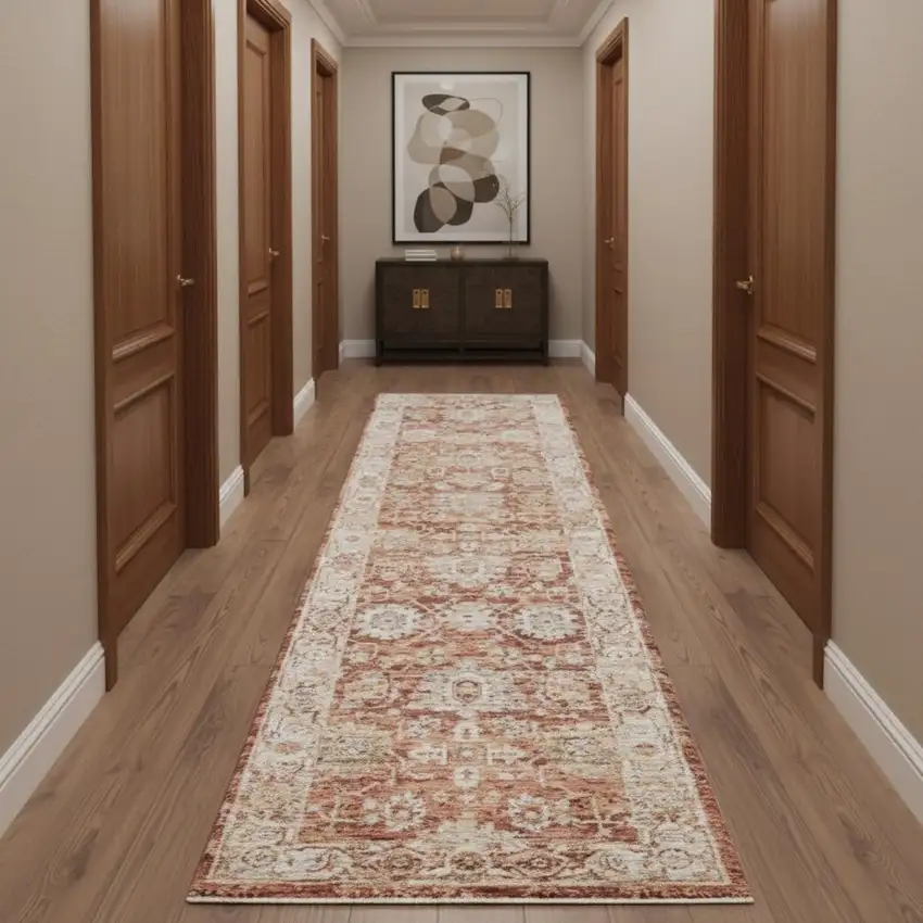 10' Ivory And Red Floral Medallion Distressed Runner Rug Photo 1