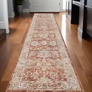 Photo of 10' Ivory And Red Floral Medallion Distressed Runner Rug