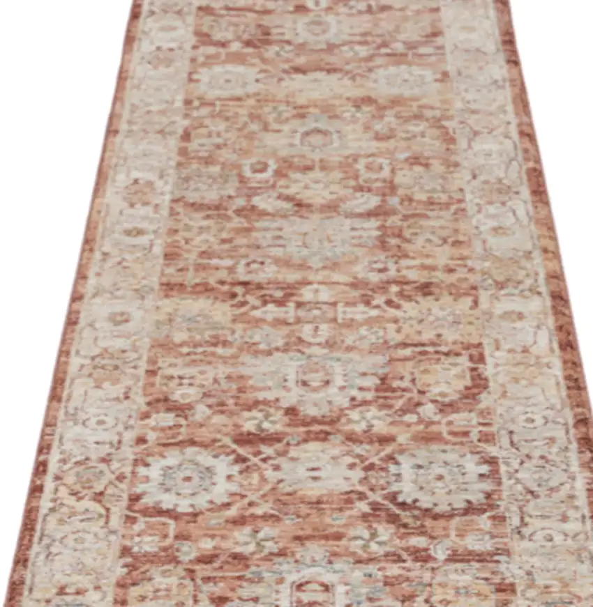 10' Ivory And Red Floral Medallion Distressed Runner Rug Photo 4