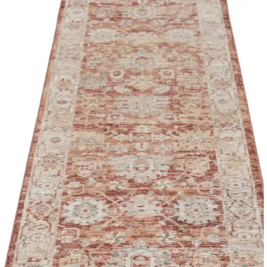 10' Ivory And Red Floral Medallion Distressed Runner Rug Photo 4