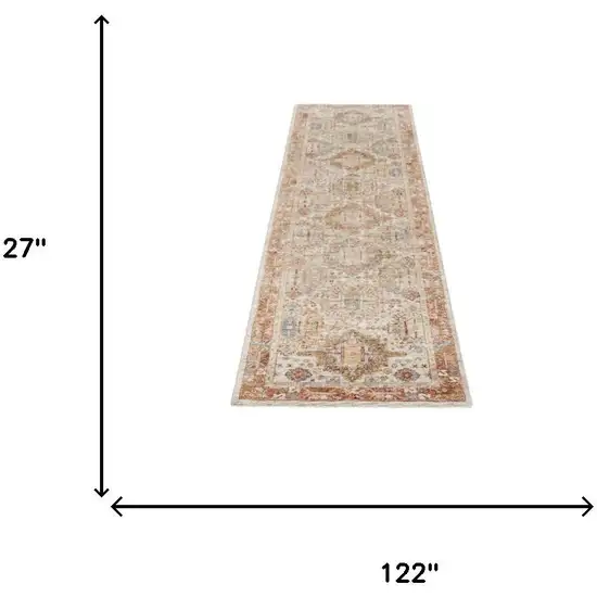 10' Ivory And Red Floral Medallion Distressed Runner Rug Photo 3