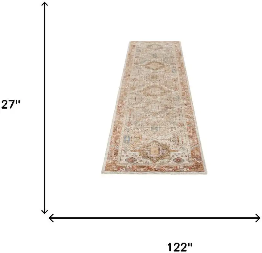 10' Ivory And Red Floral Medallion Distressed Runner Rug Photo 3