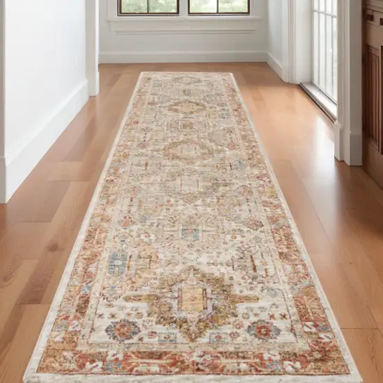 10' Ivory And Red Floral Medallion Distressed Runner Rug Photo 1