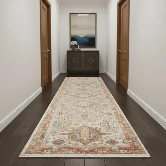 10' Ivory And Red Floral Medallion Distressed Runner Rug Photo 1