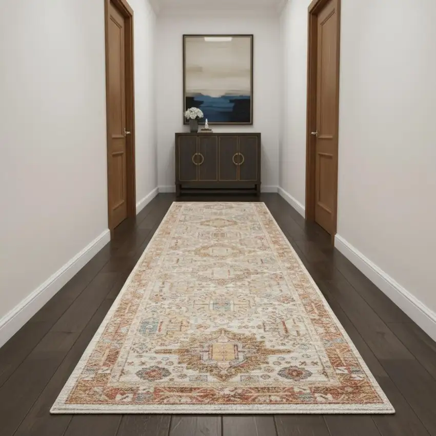 10' Ivory And Red Floral Medallion Distressed Runner Rug Photo 1