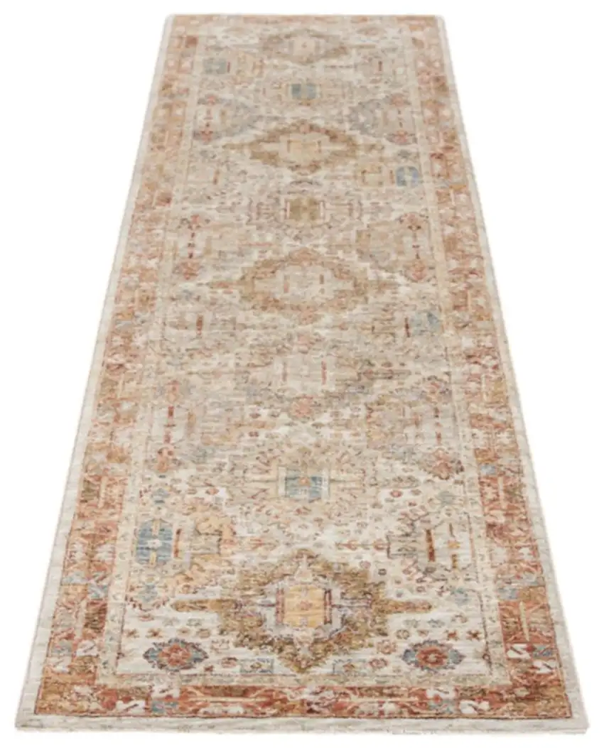 10' Ivory And Red Floral Medallion Distressed Runner Rug Photo 2