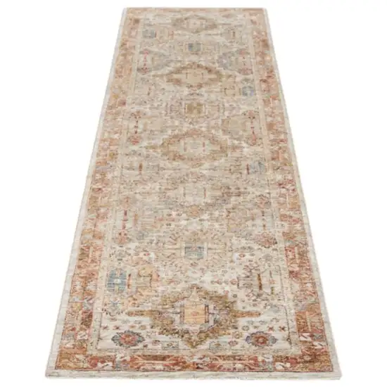 10' Ivory And Red Floral Medallion Distressed Runner Rug Photo 2