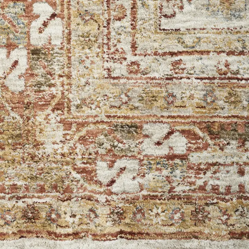 10' Ivory And Red Floral Medallion Distressed Runner Rug Photo 5