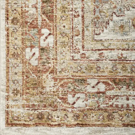 10' Ivory And Red Floral Medallion Distressed Runner Rug Photo 4