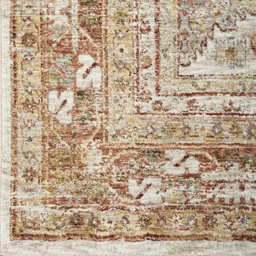 10' Ivory And Red Floral Medallion Distressed Runner Rug Photo 4