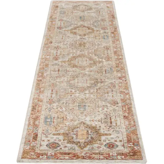 10' Ivory And Red Floral Medallion Distressed Runner Rug Photo 2