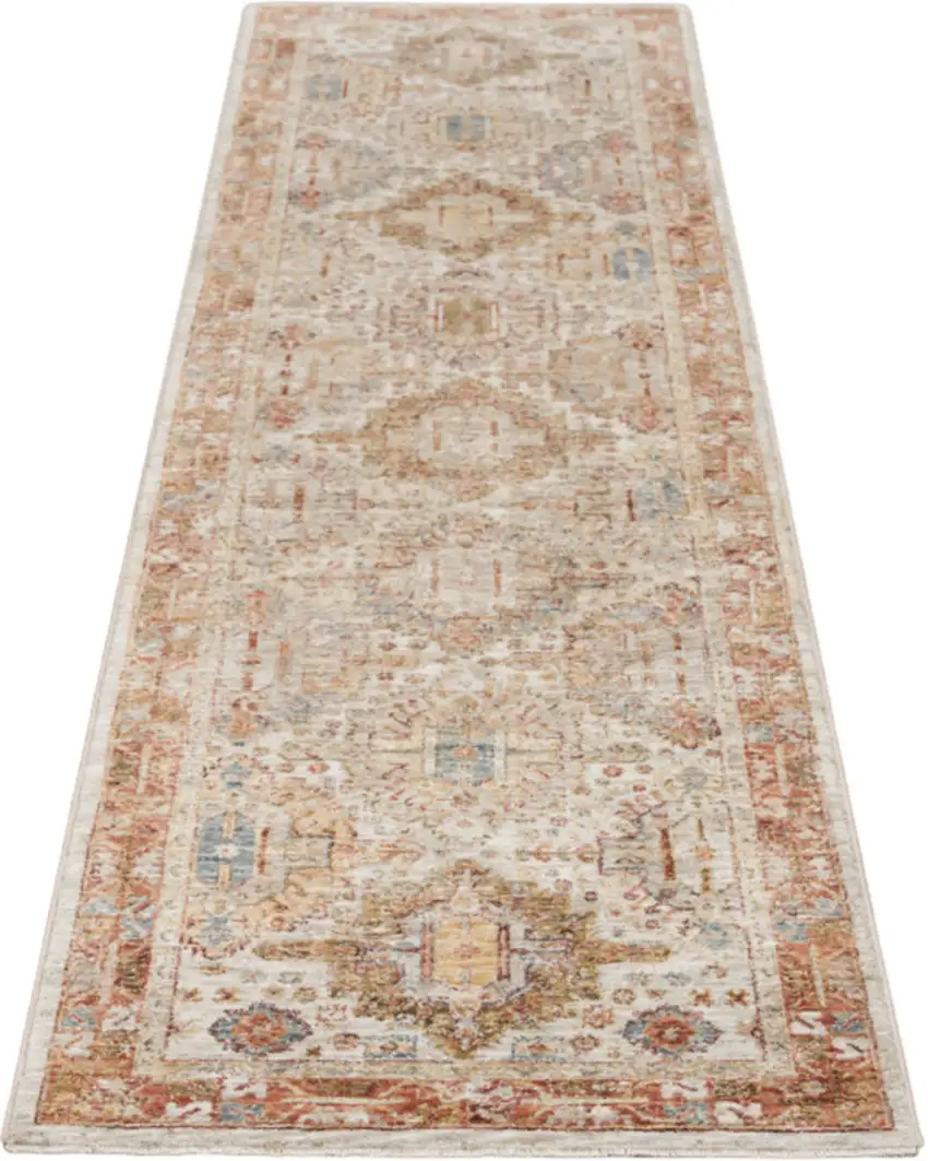 10' Ivory And Red Floral Medallion Distressed Runner Rug Photo 2