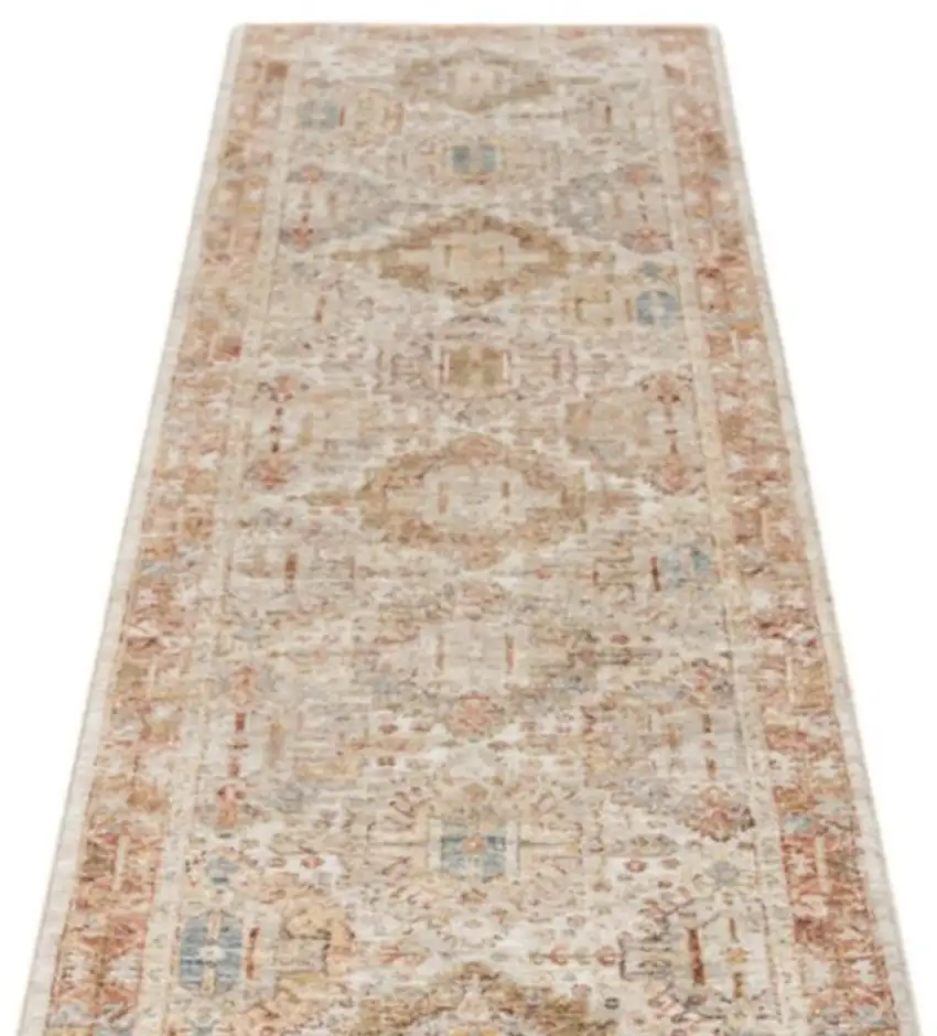 10' Ivory And Red Floral Medallion Distressed Runner Rug Photo 4