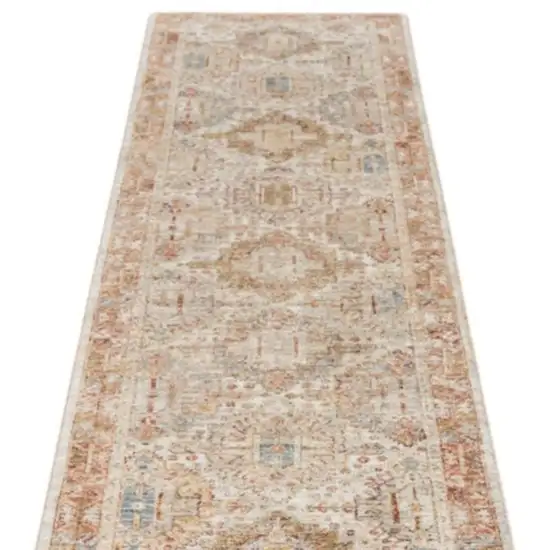 10' Ivory And Red Floral Medallion Distressed Runner Rug Photo 4
