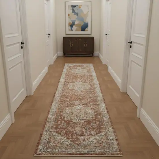 10' Ivory And Red Floral Medallion Distressed Runner Rug Photo 1