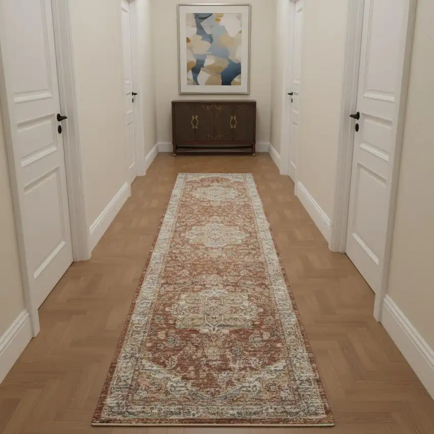 10' Ivory And Red Floral Medallion Distressed Runner Rug Photo 1