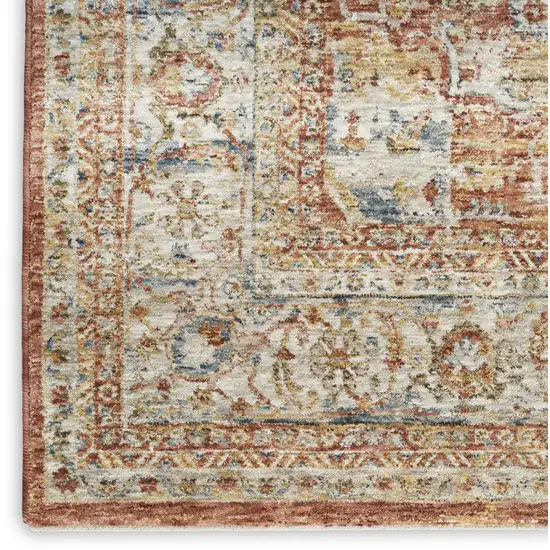 10' Ivory And Red Floral Medallion Distressed Runner Rug Photo 6