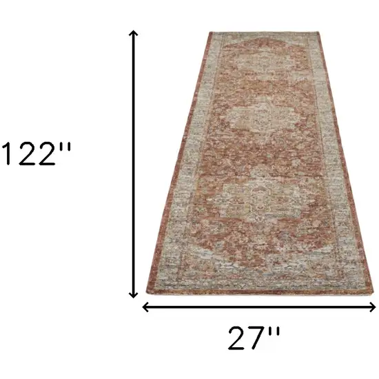 10' Ivory And Red Floral Medallion Distressed Runner Rug Photo 3