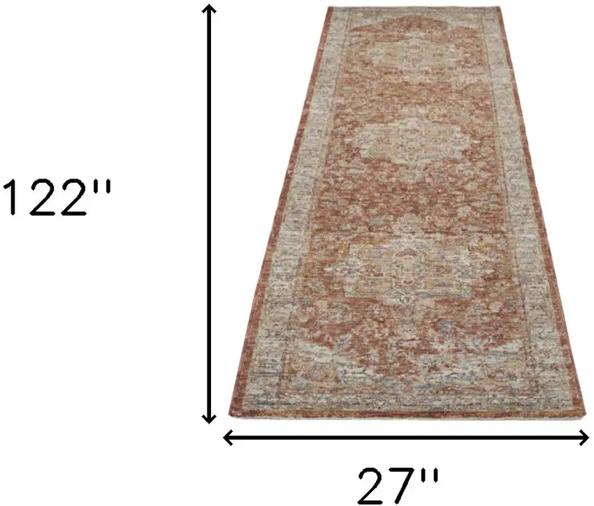 10' Ivory And Red Floral Medallion Distressed Runner Rug Photo 3