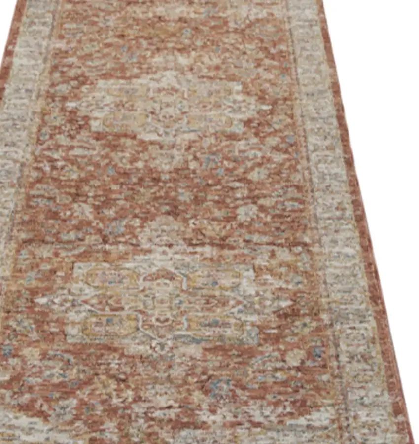 10' Ivory And Red Floral Medallion Distressed Runner Rug Photo 4