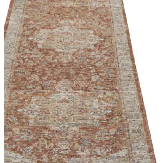 10' Ivory And Red Floral Medallion Distressed Runner Rug Photo 4