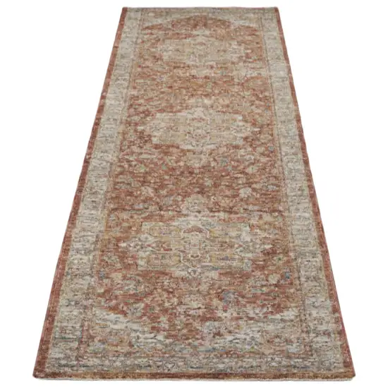 10' Ivory And Red Floral Medallion Distressed Runner Rug Photo 2