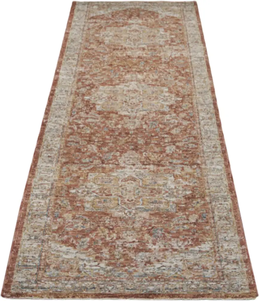 10' Ivory And Red Floral Medallion Distressed Runner Rug Photo 2