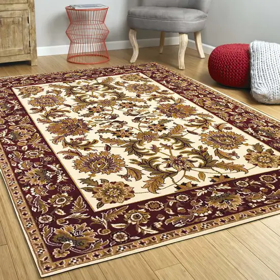 8' Ivory And Red Octagon Floral Vines Area Rug Photo 5