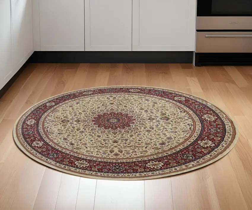 6' Ivory And Red Oriental Round Rug Photo 1