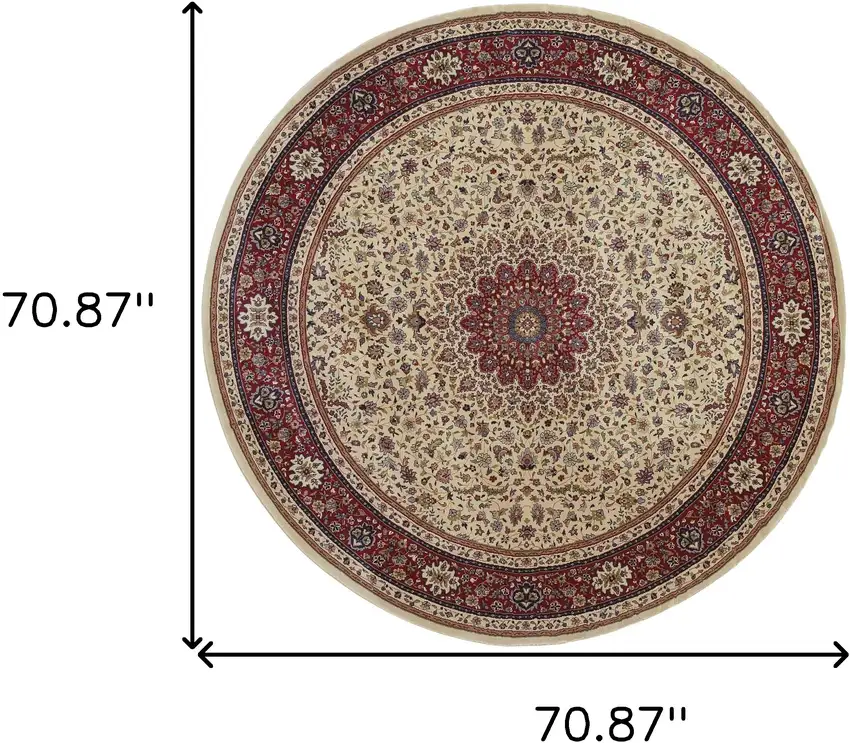 6' Ivory And Red Oriental Round Rug Photo 3