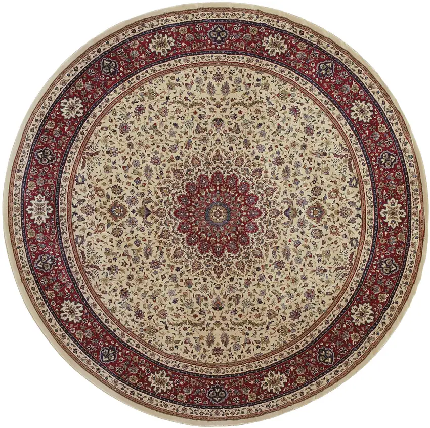 6' Ivory And Red Oriental Round Rug Photo 2
