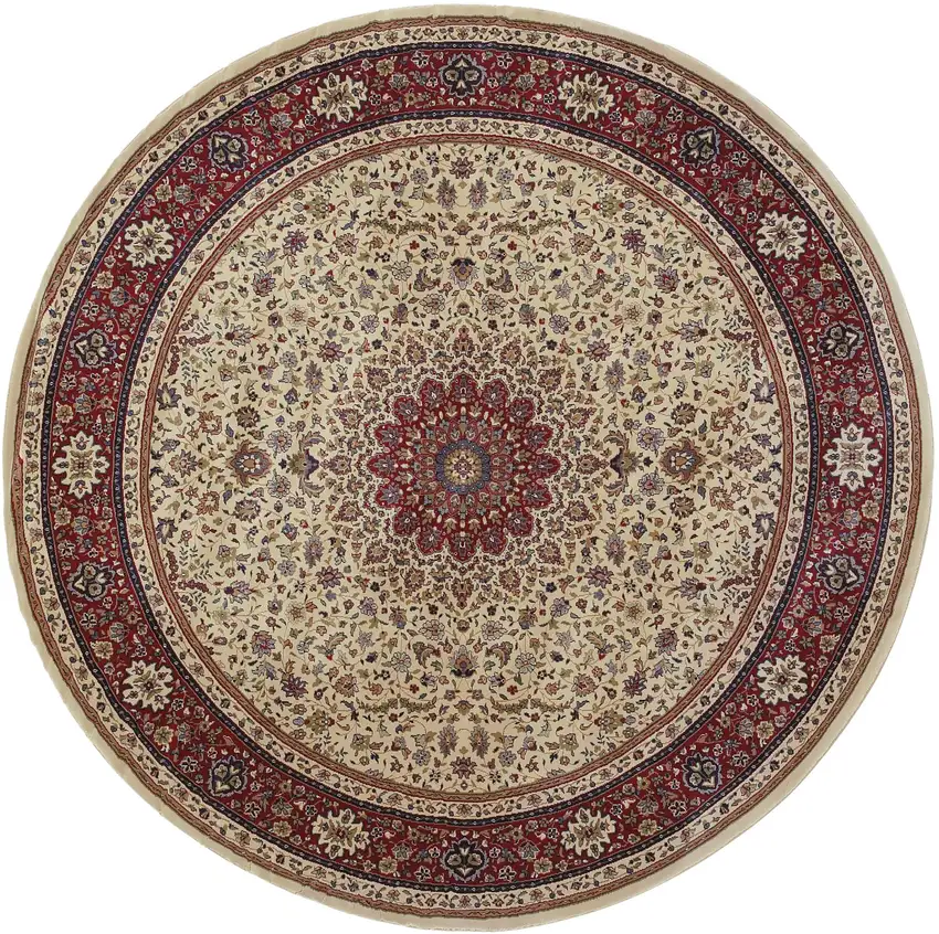 6' Ivory And Red Oriental Round Rug Photo 5