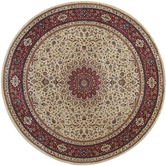 8' Ivory And Red Oriental Round Rug Photo 2