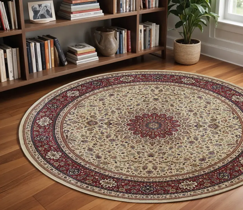 8' Ivory And Red Oriental Round Rug Photo 1