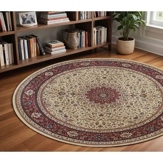 8' Ivory And Red Oriental Round Rug Photo 1