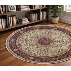 Photo of 8' Ivory And Red Oriental Round Rug