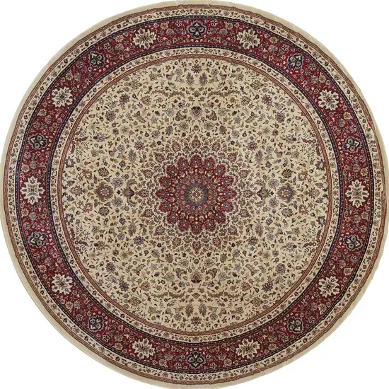 8' Ivory And Red Oriental Round Rug Photo 5