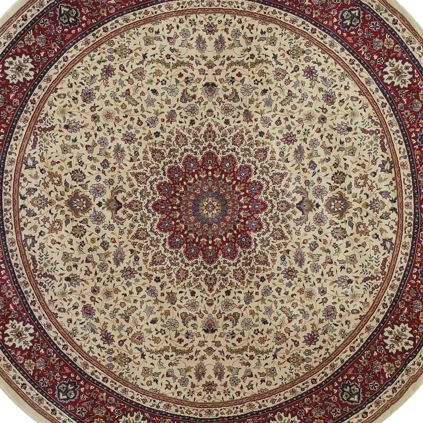 8' Ivory And Red Oriental Round Rug Photo 4