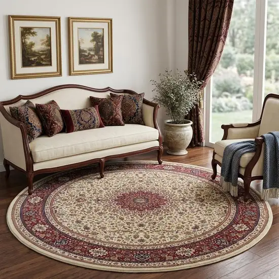 8' Ivory And Red Oriental Round Rug Photo 1