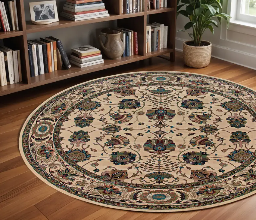 8' Ivory And Red Oriental Round Rug Photo 1