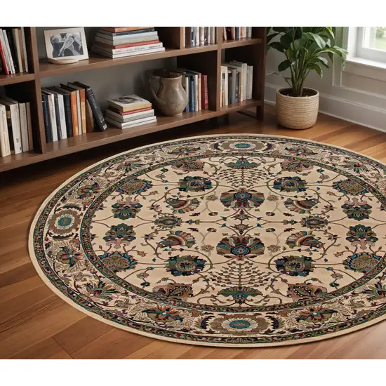 8' Ivory And Red Oriental Round Rug Photo 1