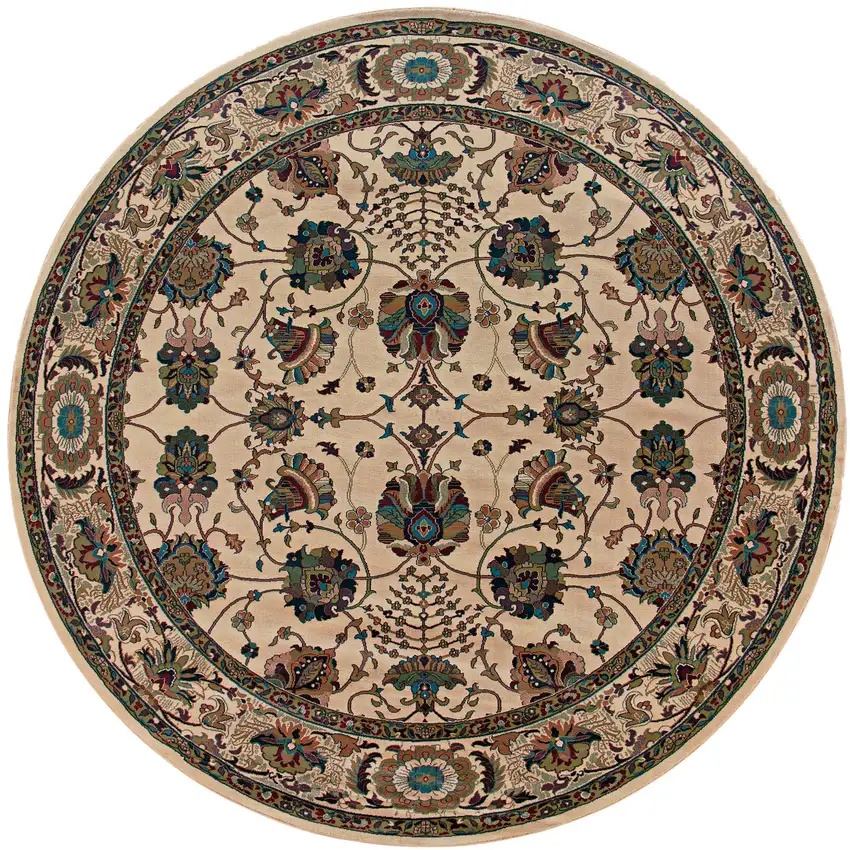 8' Ivory And Red Oriental Round Rug Photo 2