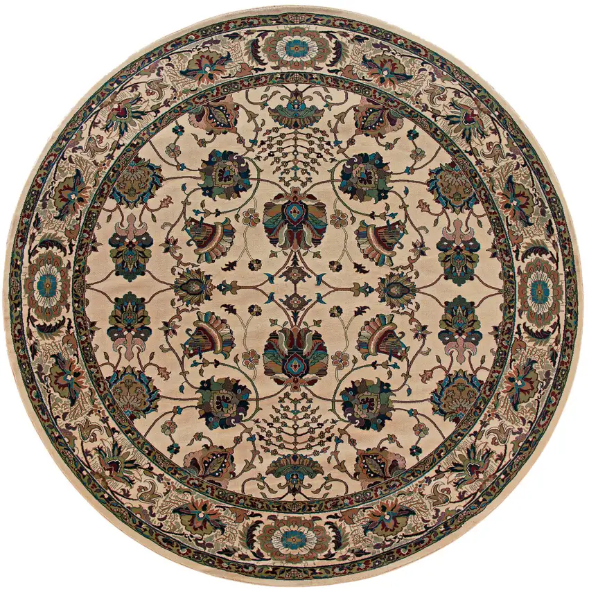 8' Ivory And Red Oriental Round Rug Photo 5